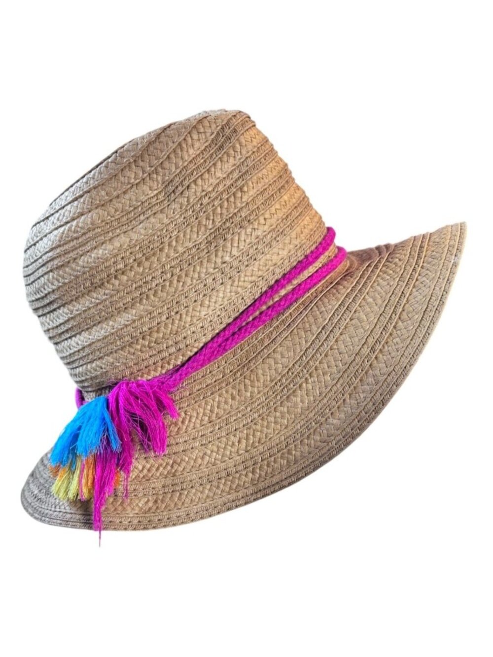 Women's Straw Panama Fedora Sun Hat Pink Rope Cord Colorful Tassels